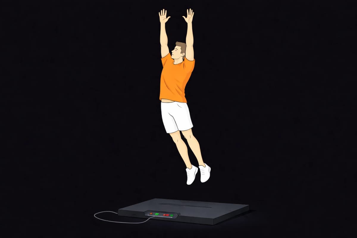 Athlete at peak height during an explosive vertical jump test