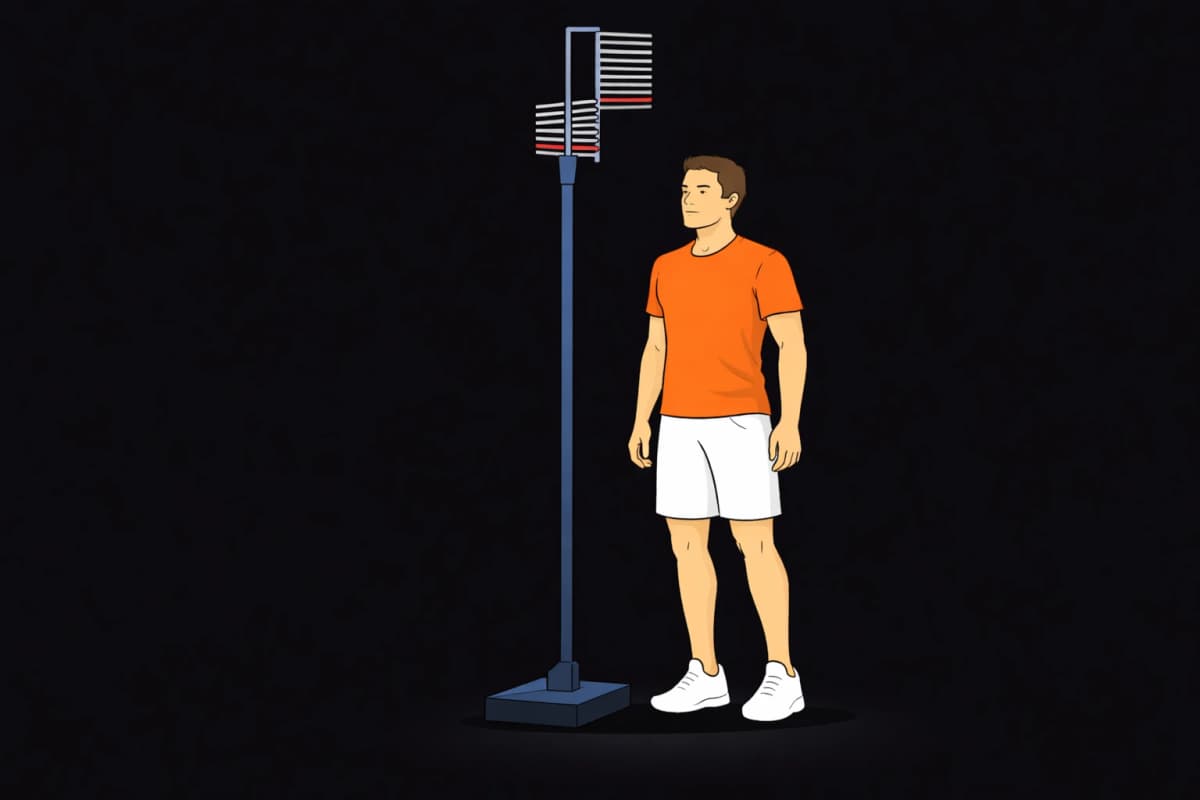 Athlete standing next to Vertec vertical jump testing equipment
